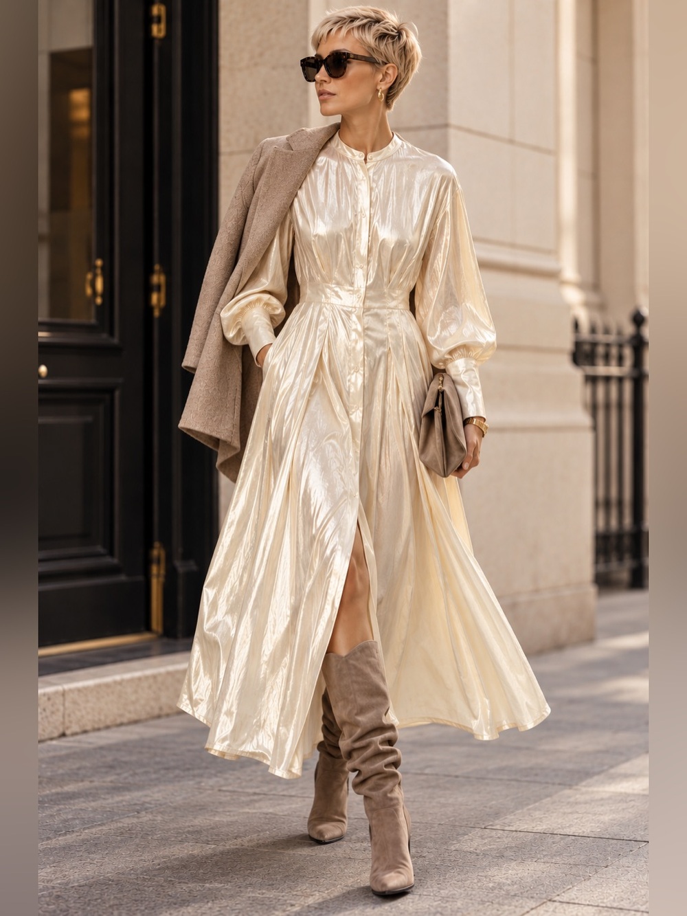 Beare Park The Pleat Detail Lerex Shirt Maxi Dress Size L MSRP $775